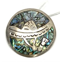 Sterling silver inlaid abalone pin, 1 3/8" dia.,