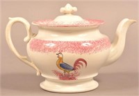 Red Spatter Rooster Pattern China Covered Teapot.