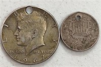 1968 Shield Nickel & 1967 Kennedy Half  both Holed