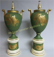 PAIR GREEN HANDLED URNS WITH GOLD LEAF ACCENTS