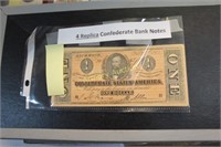 4 REPLICA CONFEDERATE BANK NOTES
