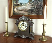 Antique Mantle Clock & 2 Brass Candle Sticks