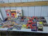 Nascar items, cereal boxes (empty), cars
