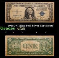 1935D $1 Blue Seal Silver Certificate Grades vf+