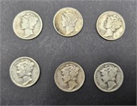 6 Mercury Dimes: 1937, 1940, 1941, 1940-S,