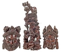 (3pc) Japanese Carved Figure & Faces