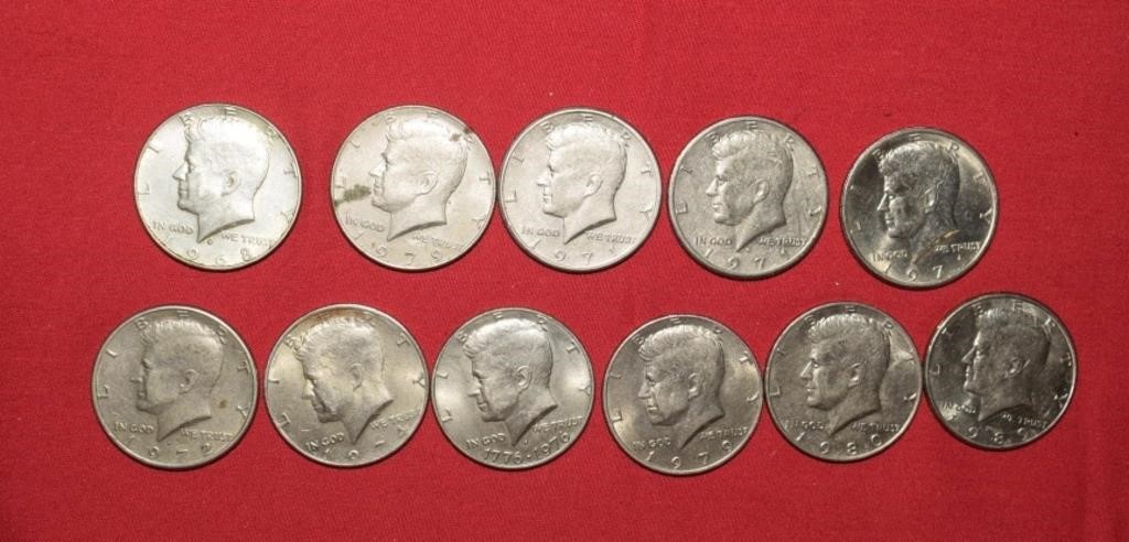(11) Kennedy Half Dollars  1968D to 1989P Mix