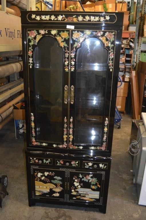 Tall Oriental Black Lacquer Chine Cabinet
