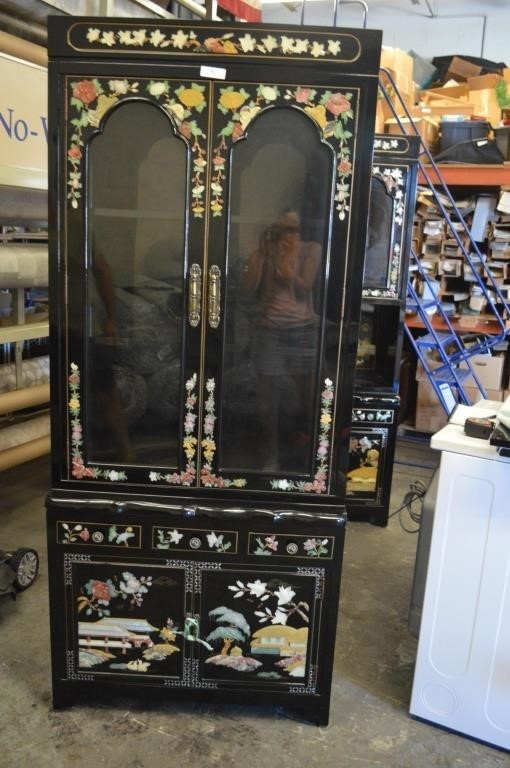 Tall Oriental Black Lacquer Chine Cabinet