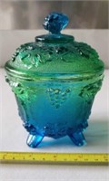 Glass Candy Dish Bowl Lid Green  Blue Flashed
