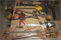 20 assorted bar clamps, hedge trimmer, pruner