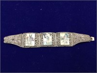 Vintage Sterling Bracelet w/Ivory Painted Panels