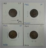 1901, 1902, 1903 & 1904  Indian Head Cents  XF