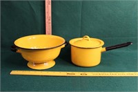 Yellow Enamel Ware Strainer & Sauce Pot w/ Lid