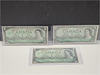 Set of 3  UNC One Dollar Bills Canada 1967, 54, 67