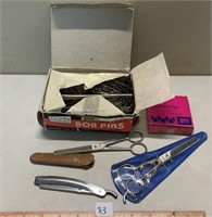 GREAT BARBER LOT WITH VINTAGE BOX BOB PINS MORE