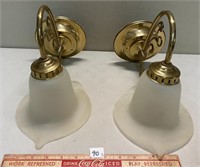 TWO BRASS COLOR FROSTED SHADE LIGHT FIXTURES