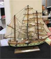 Vintage wood model ship on stand (green)