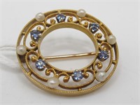 10KT GOLD ANTIQUE PIN SEED PEARL & SAPPHIRE $425
