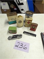 Lot of Old Advertising Cans ad Pocket Knives