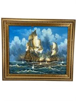 J. Harvey signed unique oil art sailing warships