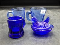 Blue Glass Hen & Handled Cup Mini's