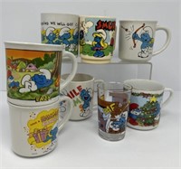 Seven Smurf Mugs and Rare 4 Inch Glass