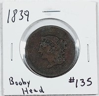 1839  Booby Head  Large Cent   G