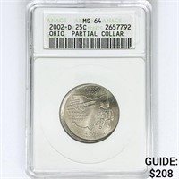 2002-D Ohio Quarter ANACS MS64 Partial Collar