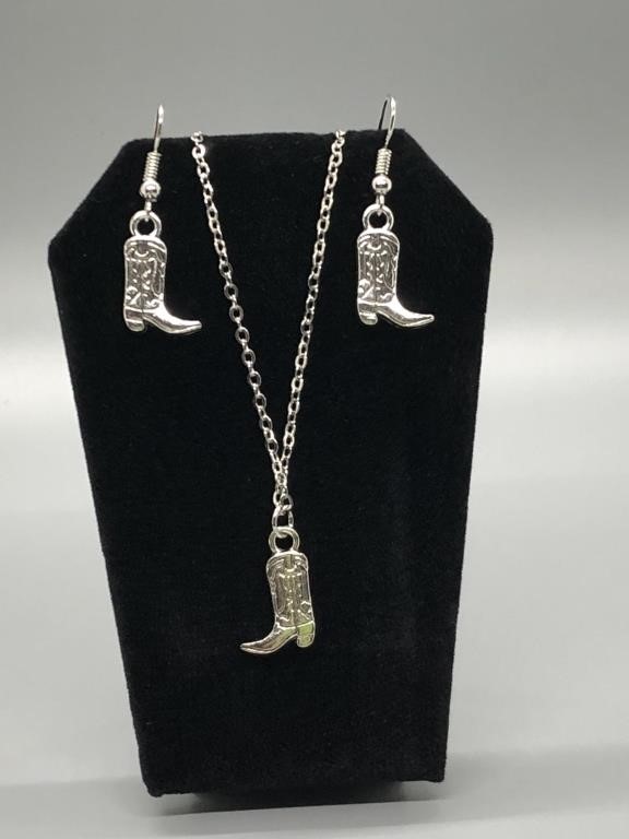 Western Boot Silver Pendant Necklace and Earrings