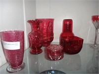 6 Cranberry Vases, Glass & Water Bottle