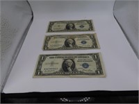 (3) 1935E blueseal Silver $1 Certificates BIlls