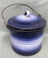 Blue & White Enameled Lunch Pail, Few Touch Ups