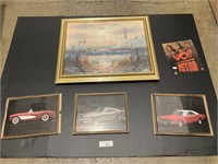 Oil On Canvas, 3 Vintage Car Photographs.