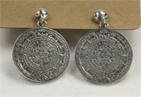 STERLING SILVER MAYAN CALENDAR DESIGN EARRINGS