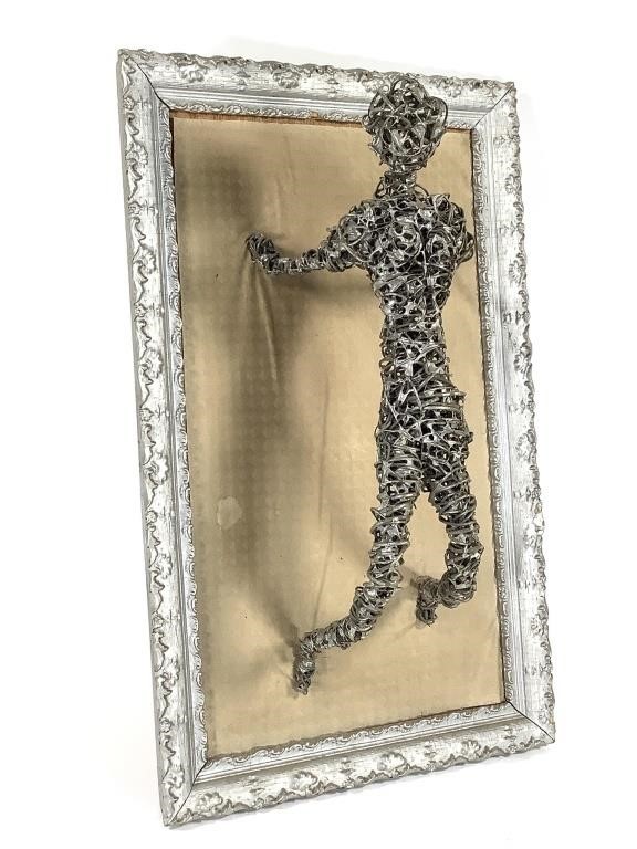 Sculptural Figure Crafted w Barbed Wire, Framed