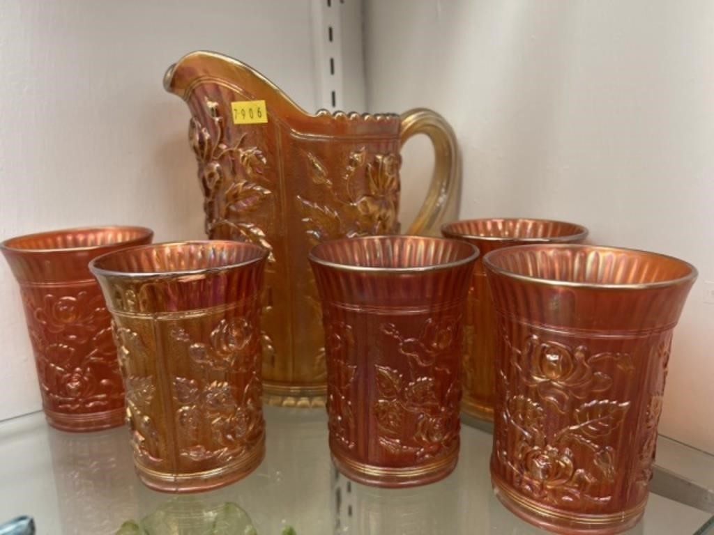 Marigold Carnival Rose Pattern Water Pitcher Set