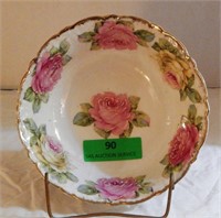 Pink and white roses bowl with gold trim 8.5"