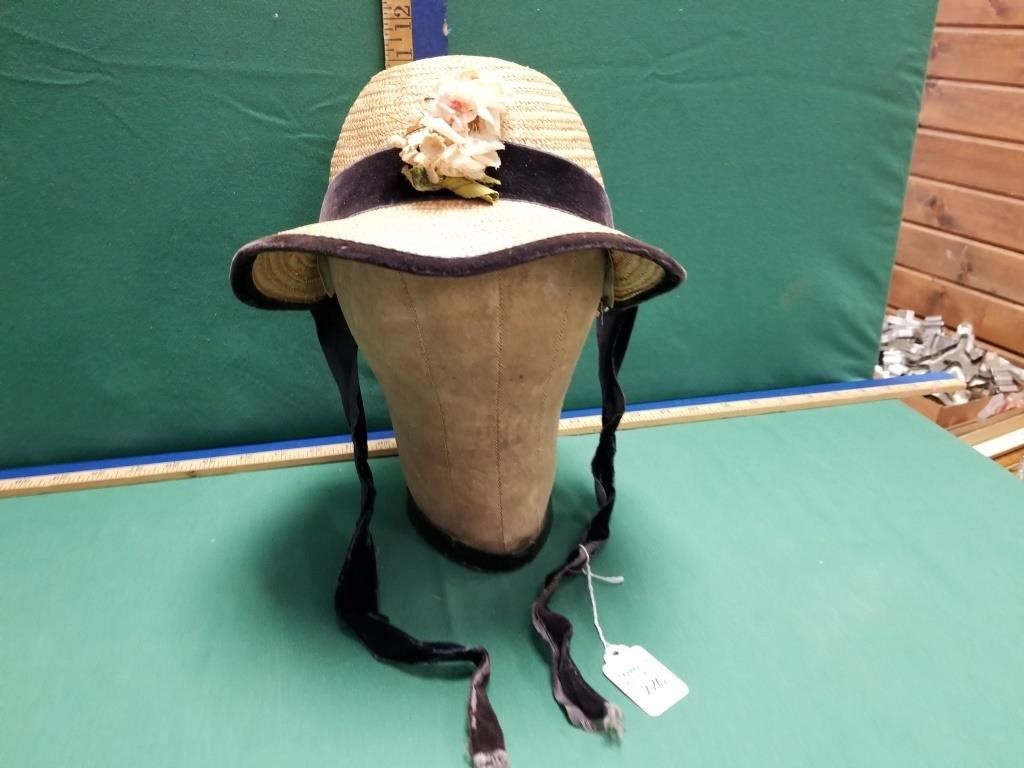 EARLY FABRIC COVERED HAT DISPLAY W/ HAT