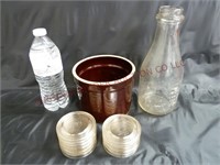 Stoneware Crock, Milk Bottle & (11) Mason Jar Lids