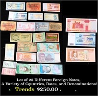 Lot of 25 Different Foreign Notes, A Variety of Co