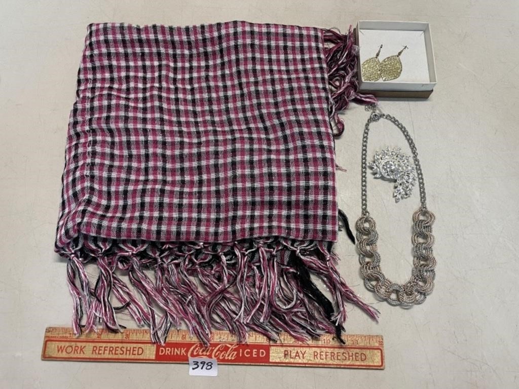 NICE PLAID SCARF WITH COSTUME JEWELERY