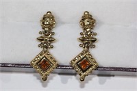 Pair of 18ct yellow gold, ornate drop earrings,