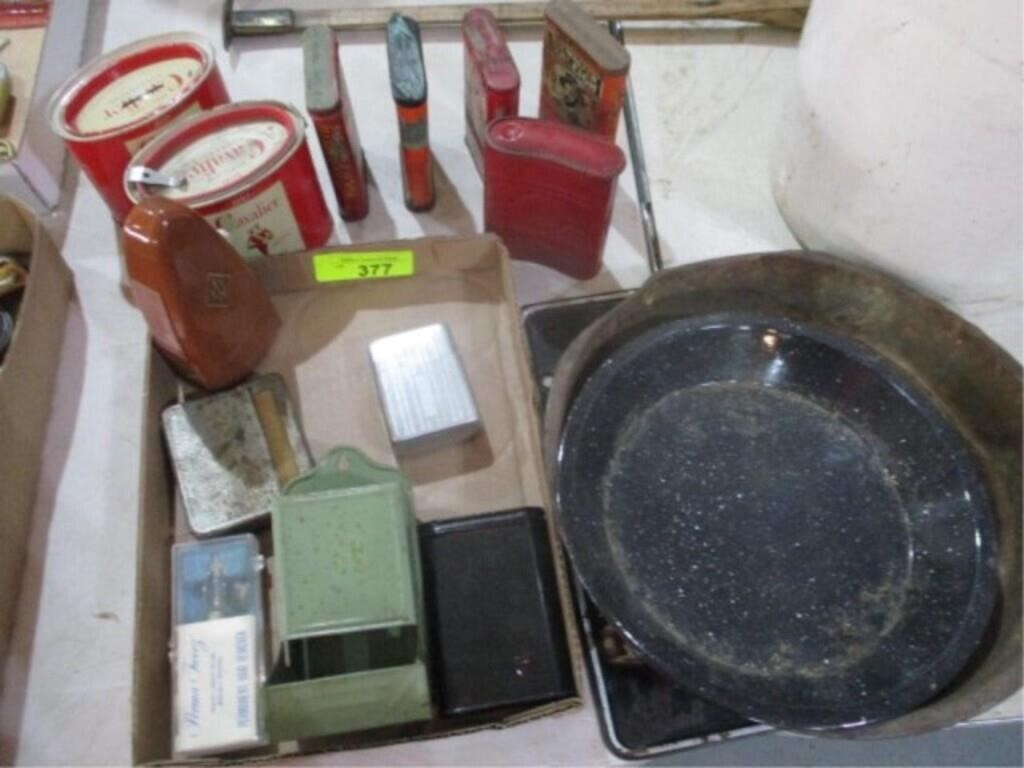 Old tobacco cans, match boxes and sifting pans