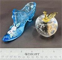 Fenton Blue Hp Slipper & Art Glass Apple Uv