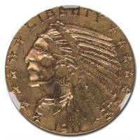 1911-S $5 Indian Gold Half Eagle AU-53 NGC (Weak S