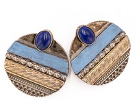 Signed MA Zuni Lapis Sterling Disk Earrings