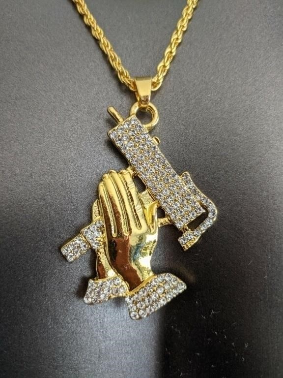 Iced Gang Bling Uzi Machine Gun Prayer Hands Rope