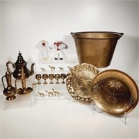 Brass Bucket, Plate, Candle Sticks, T-Pots