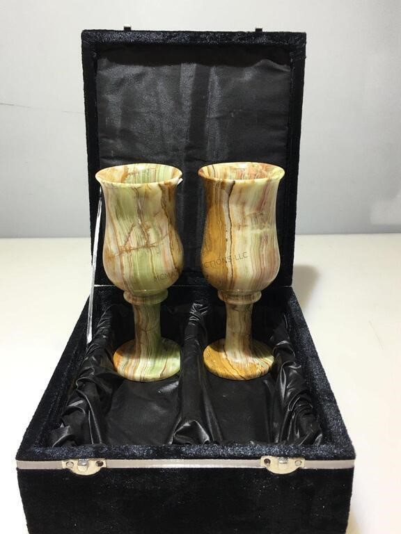 Kalifano carved onyx stone champagne set in
